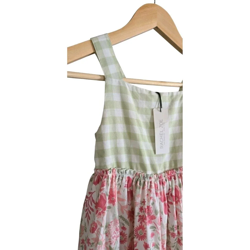 NWT RACHEL ZOE Girls Dress Floral Tiered Check Green Pink Shirred Back Size 7